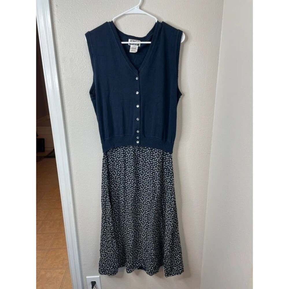 Jones Studio Made in USA Navy Sweater Vest Floral Midi Dress Large Cottagecore